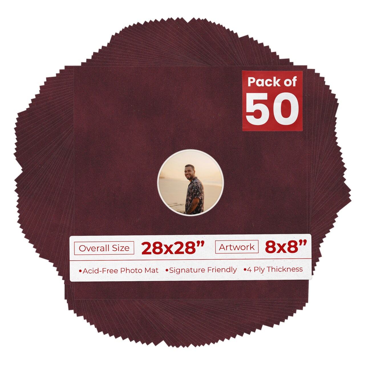 Dark Red Suede Mat Board for 28x28 Frames - Circle Opening for 8x8 Photos